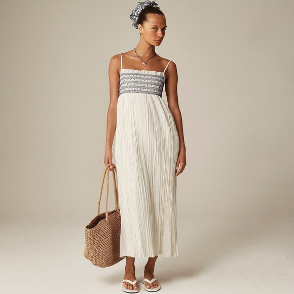 J. Crew Dresses & Skirts - J.Crew Catania Cotton Smocked Maxi Dress XL White Blue Summer Vacation Easy NWT